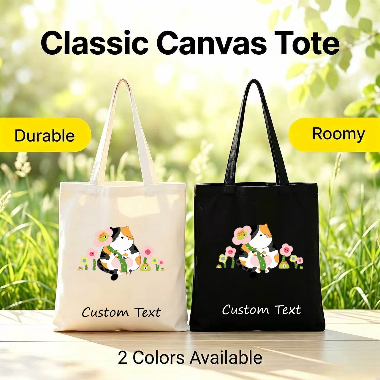 Canvas Tote Bag - カスタムテキストキャンバストートバッグ、ふっくらとした三毛猫とカラフルな春の花柄プリント、ショルダー用再利用可能なショッピングハンドバッグ、女性へのギフト