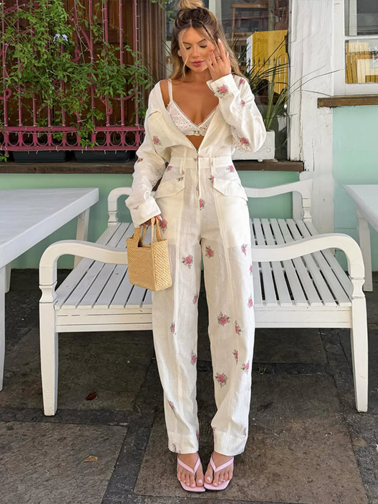 Women'S Fashion Overalls - 2026 秋エレガントなプリント女性のジャンプスーツファッション長袖 V ネックジッパー女性オーバーオールオールマッチレディロンパース新