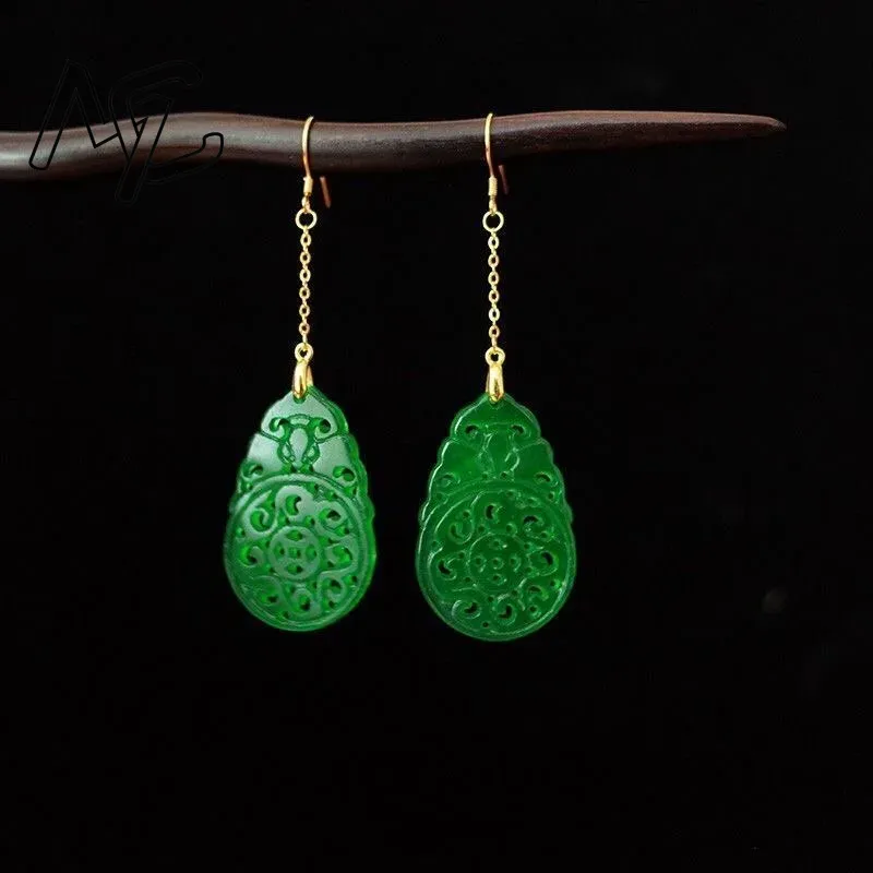 Women'S Fashion Jewellery - 女性のための透かし彫りのイヤリング,シルバー,ナチュラルグリーンの翡翠,ジュエリー,ファッショナブルなアクセサリー,手彫りの愛の運の贈り物,コレクション925