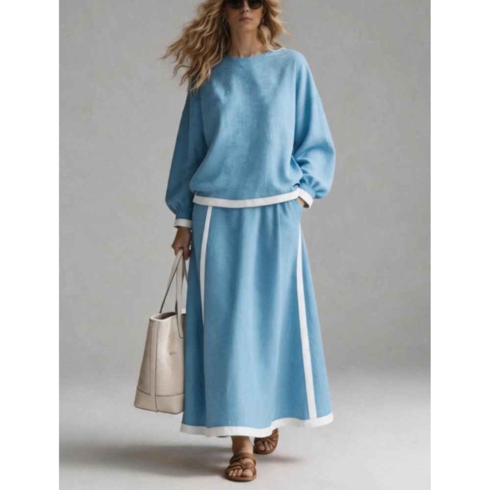 Women'S Fashion Sweatshirts - 女性の秋の新作パッチワーク O ネック長袖スウェットシャツハーフスーツファッションカジュアルルーズポケットスカート 2 点セット女性 2026