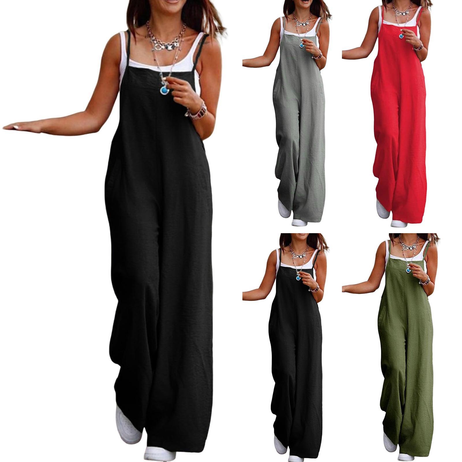 Women'S Fashion Overalls - ルーズフィットの女性用ジャンプスーツ,細いストラップ付きのロングカジュアルジャンプスーツ,無地のコットンリネン,ワイドキャマルパンツ,ノースリーブのダンガリー