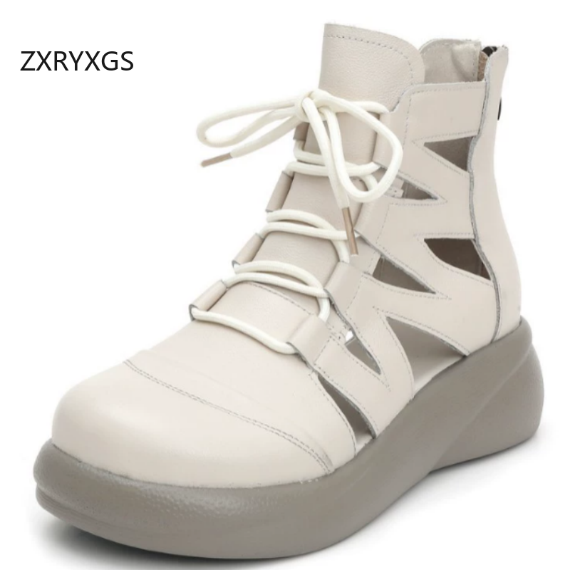 Women'S Fashion Layering - ZXRYXGS トップレイヤー牛革ローマンサンダル女性のクールブーツ 2026 新ファッションラウンドトゥリアルレザーサンダルウェッジサマーブーツ