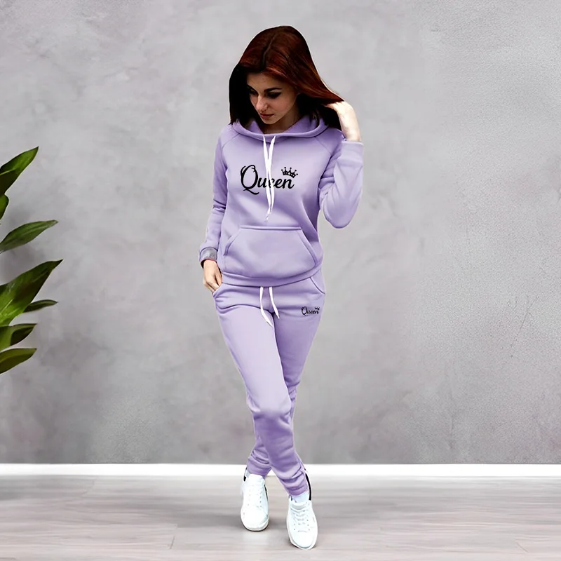 Women'S Fashion Sweatshirts - レディーストラックスーツ クイーンレタープリント フード付きスウェットシャツスーツ 高品質ジョギングウェア ファッションカジュアルパンツセット