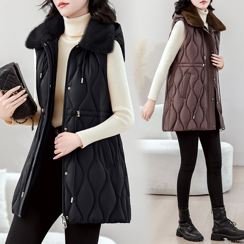 Puffer Vest Fashion Women - 女性用ミドル丈ダウンベスト 秋冬ノースリーブジャケット 新しいファーカラーフード付きダウンコットンベスト 女性用チョッキ チェレコ・ムヘール