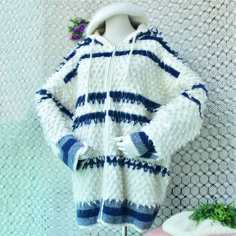 Hoodie Women Oversized - 1.3KG 女性用オーバーサイズモヘア混紡フード付きジップアップカーディガン ブルーホワイトストライプふわふわニットコート ファジーニットフーディセータージャケット