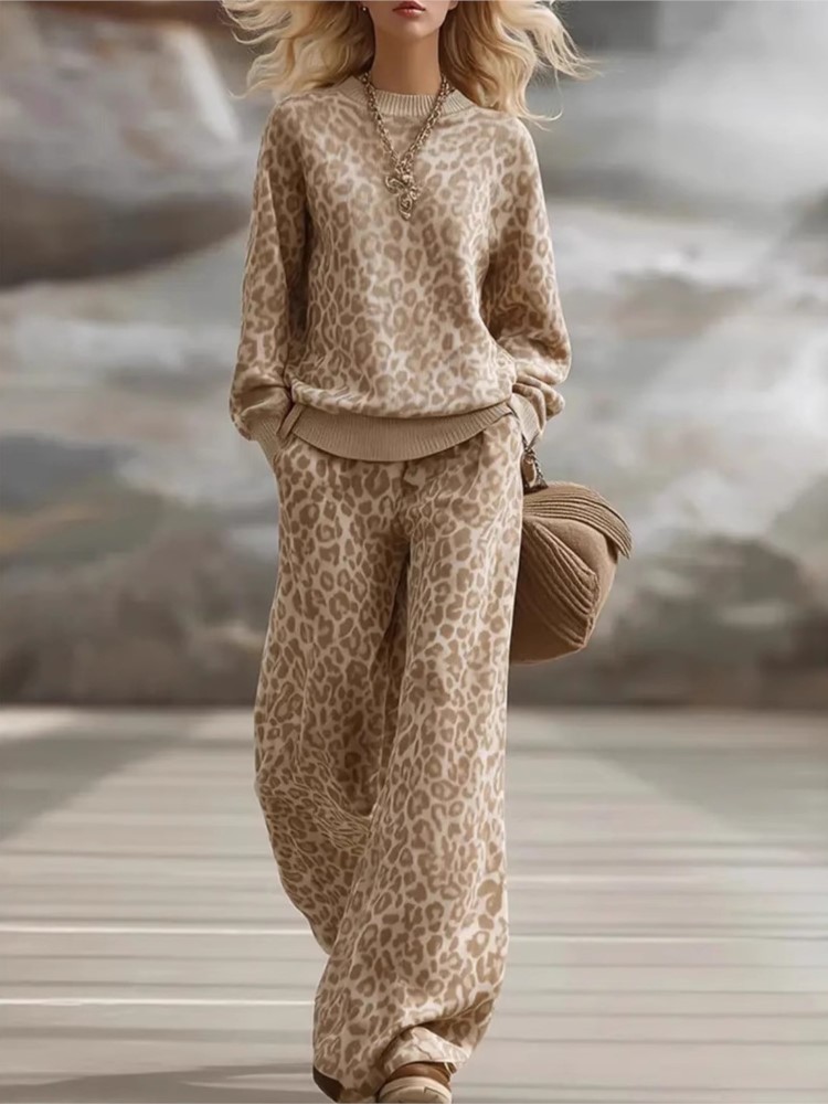 Women'S Fashion Sweatshirts - 2026秋冬ファッショナブルライトブラウンレオパード柄スーツ長袖スウェットシャツとパンツカジュアル通勤レディースセット