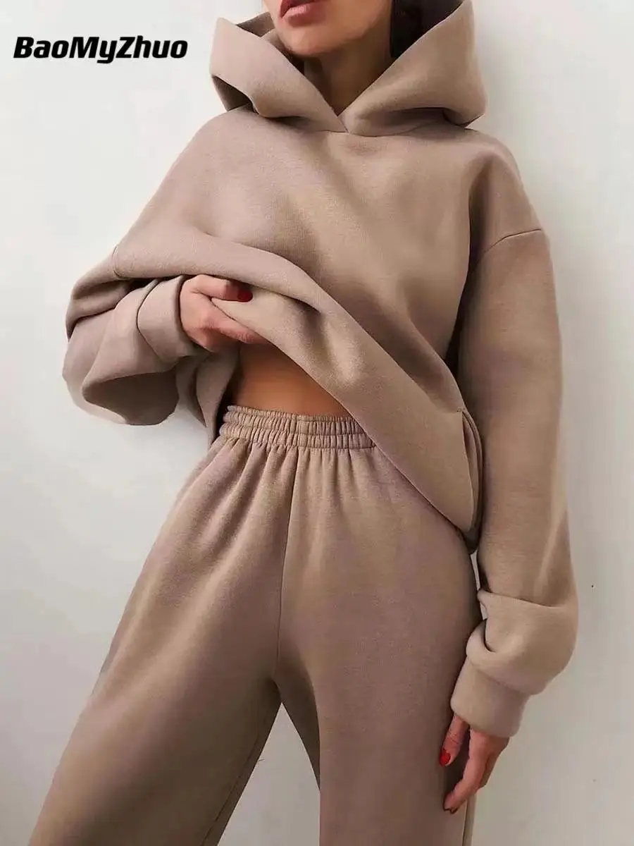 Hoodie Women Oversized - 冬のツーピースセット女性トラックスーツ特大スーツ 2024 秋のズボンスーツ女性トレーナー固体スポーツパーカースポーツウェア