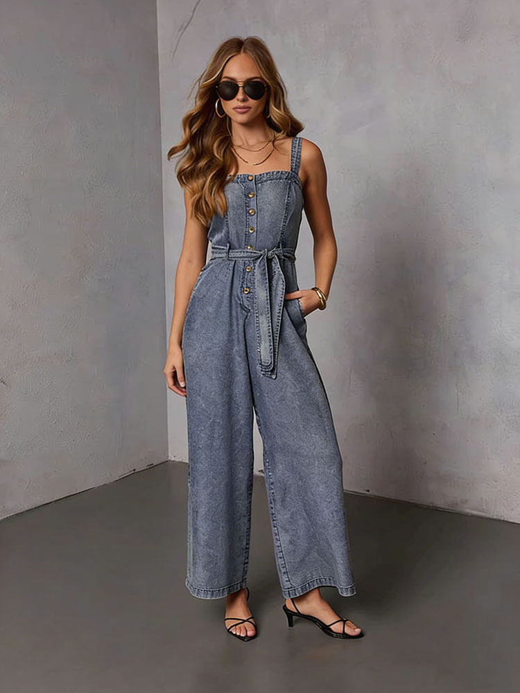 Women'S Fashion Overalls - サマービンテージ レディースデニムジャンプスーツ 2026新作 カジュアル レースアップ ノースリーブ