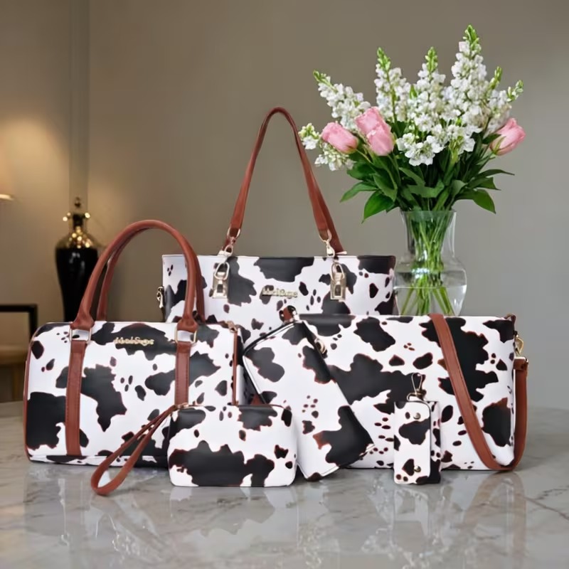 Women Fashion Handbags - 6点セットPUレザー牛柄トートバッグセット、女性用ショルダーバッグ、クロスボディバッグ、防しわハンドバッグを含む