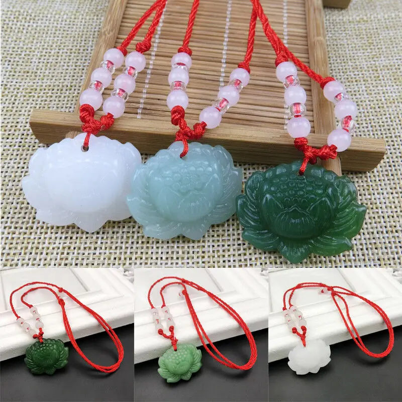 Women'S Fashion Jewellery - ナチュラルグリーンジェイドロータスペンダントネックレス,ビーズ,チャーム,ファッションアクセサリー,手彫り,女性のためのラッキーチャーム,ギフト