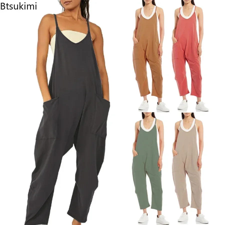 Women'S Fashion Overalls - 2026 女性のカジュアルスリングジャンプスーツ大きなポケット付き春夏レトロルーズワイドレッグストラップオーバーオールファッションストリートウェアファム