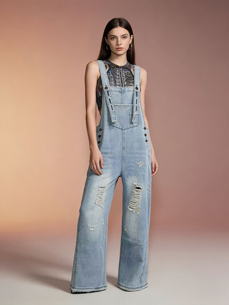 Women'S Fashion Overalls - ファッションレトロリッピング加工デニムオーバーオール レディース新作 多機能ルーズワイドレッグパンツ ストリートウェア カジュアルポケット付きジーンズジャンプスーツ