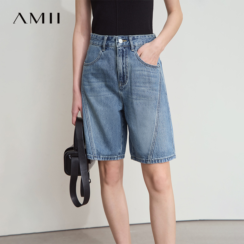 Denim Shorts Women - AMII レディースジーンズショートパンツ ミニマリスト 2026年夏新作 コットンワイドレッグパンツ レディースカジュアルポケット
