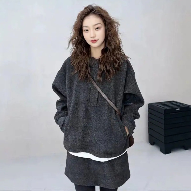 Hoodie Women Oversized - 女性韓国スタイル冬ウールブレンドツーピースセット特大パーカートレーナーカジュアルミニスカートファッション小柄な服装