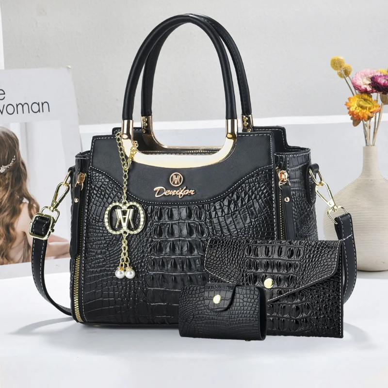 Women Fashion Handbags - レディース クロコダイル柄ハンドバッグセット、3ピースカラーブロック大容量トートバッグ、おしゃれなショルダー/クロスボディバッグ