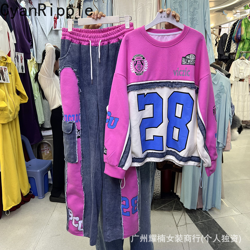 Hoodie Women Oversized - アメリカンハイストリート女性用フーディセット デジタルプリント ラウンドネック オーバーサイズ プルオーバートップ +