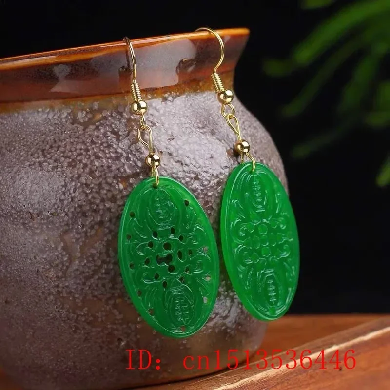 Women'S Fashion Jewellery - オリジナルナチュラルグリーンヒスイエメラルドバット中空イヤリングジュエリーファッションアクセサリー DIY 手彫り女性お守りギフト