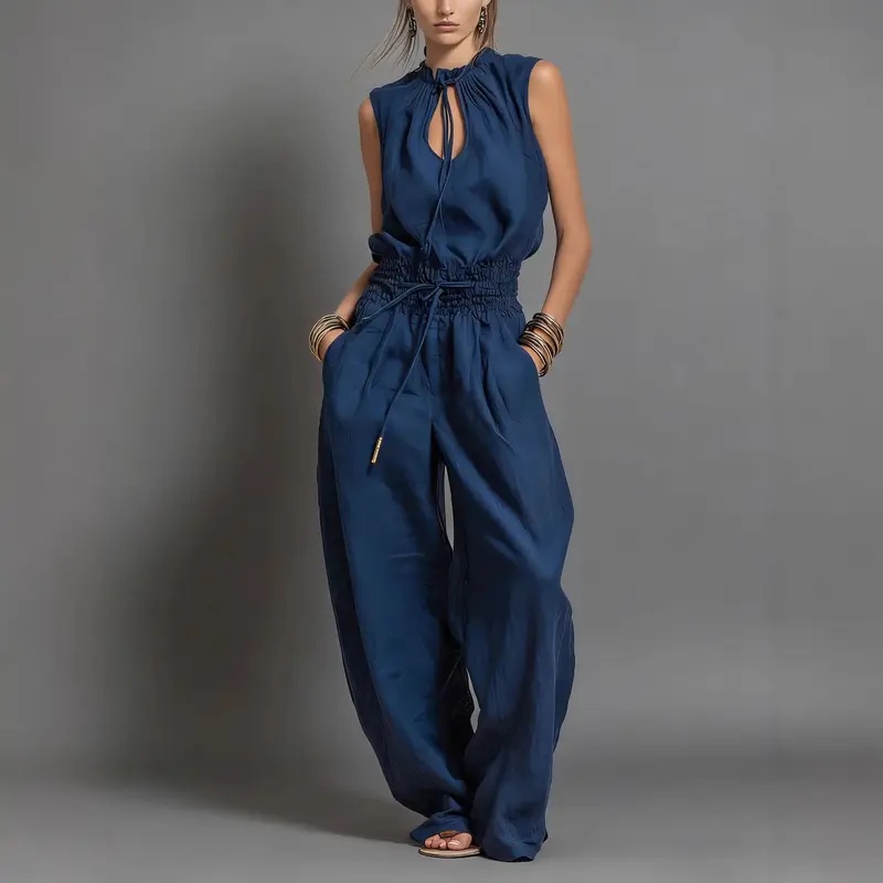 Women'S Fashion Overalls - 女性ジャンプスーツ夏用ノースリーブ弾性ウエストバンド巾着ルーズファッションストリートオーバーオールワイドレッグパンツズボン
