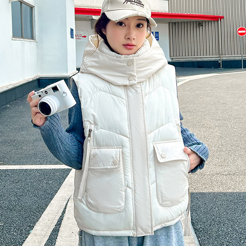 Puffer Vest Fashion Women - 2025年 ビッグポケット ルーズ フード付きベスト レディース 冬