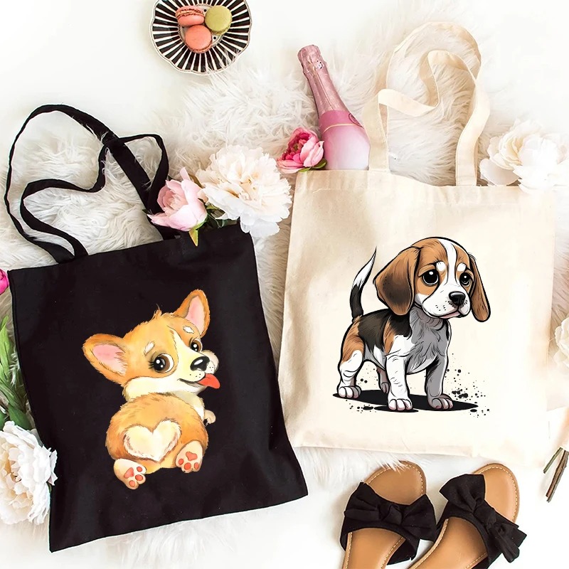 Women Fashion Pose - 子犬のさまざまなポーズトートバッグ女性男性再利用可能なショッパーバッグ原宿ファッション犬愛好家ショルダーハンドバッグ学生トート