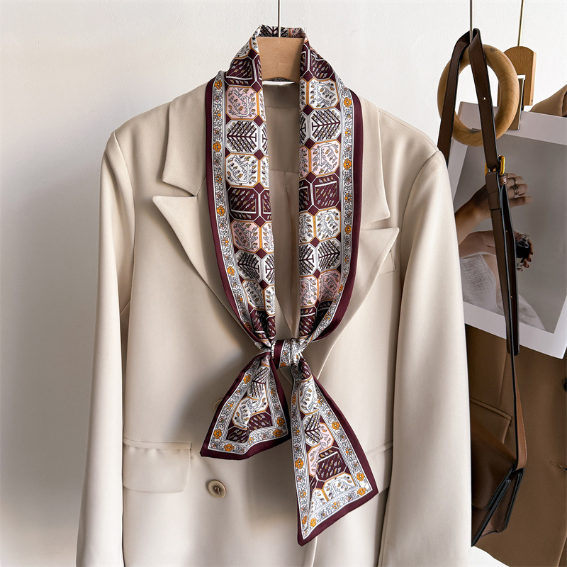 Women'S Fashion Layering - 12*145 センチメートル小さな新しい二層シルクスカーフ女性リボンヘアバンド高級プリントデザイナーネクタイスカーフバッグ飾る