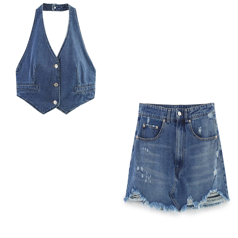 Women'S Fashion Vest Tops - 夏のレディーススーツ デニムベストトップ デニムミニスカート 2026年ファッション ノースリーブトップス スカート
