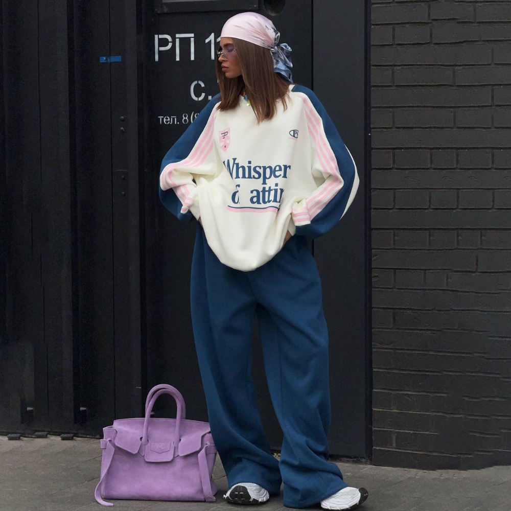 Women'S Fashion Sweatshirts - ファッションコントラストスウェットパンツスーツ秋と冬の女性ストリート Y2K ホームアウトドアスポーツスウェットワイドレッグパンツ 2 個