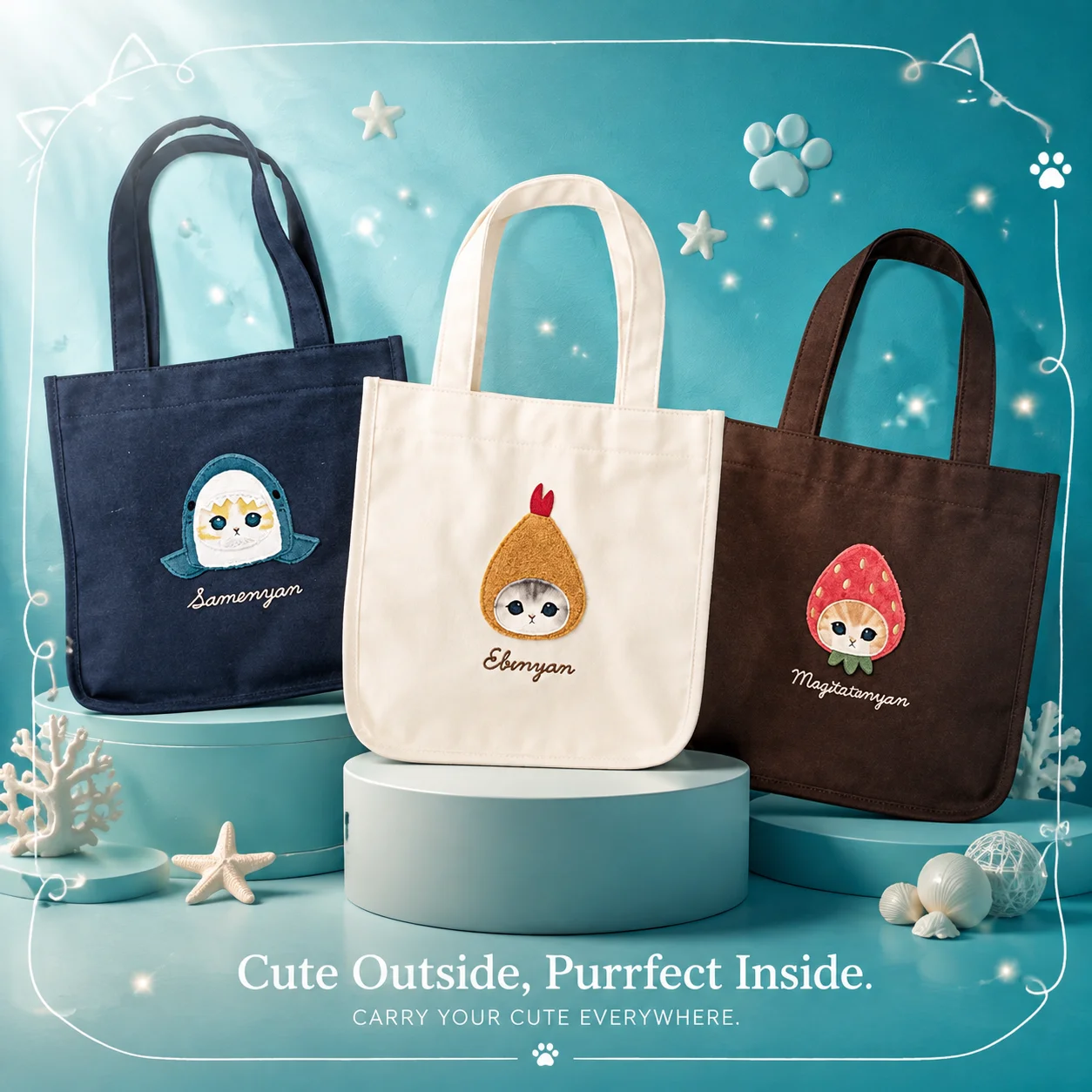 Canvas Tote Bag - 日本のモフサンド風のかわいいサメ猫の漫画柄手作りキャンバスショルダートートバッグ、女性・女の子向けのかわいいハンドバッグ