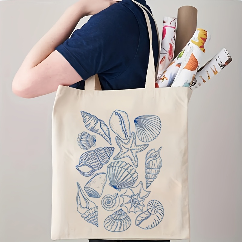 Canvas Tote Bag - 2026年 スターフィッシュとシェル柄 キャンバス製 レディース トートバッグ レトロ