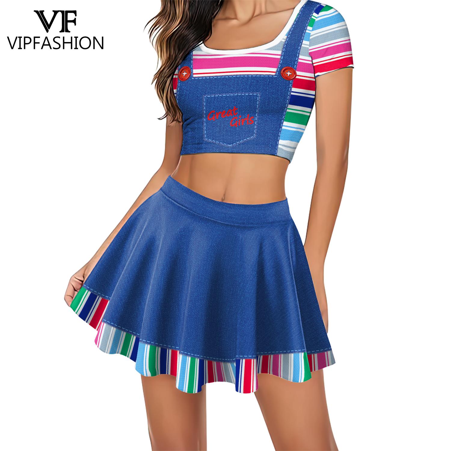 Women'S Fashion Overalls - VIP ファッション女性ハロウィンチャッキーコスプレ衣装デニムオーバーオールプリントスカートストライプタンクトップセットガールチアリーディングパーティー衣装
