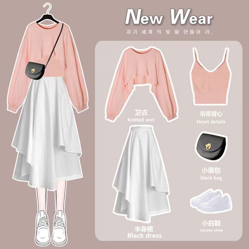 Women'S Fashion Sweatshirts - ファッションスーツ女性スカート 2025 春秋の新ラウンドネックトレーナーサスペンダー + 白スカート 3