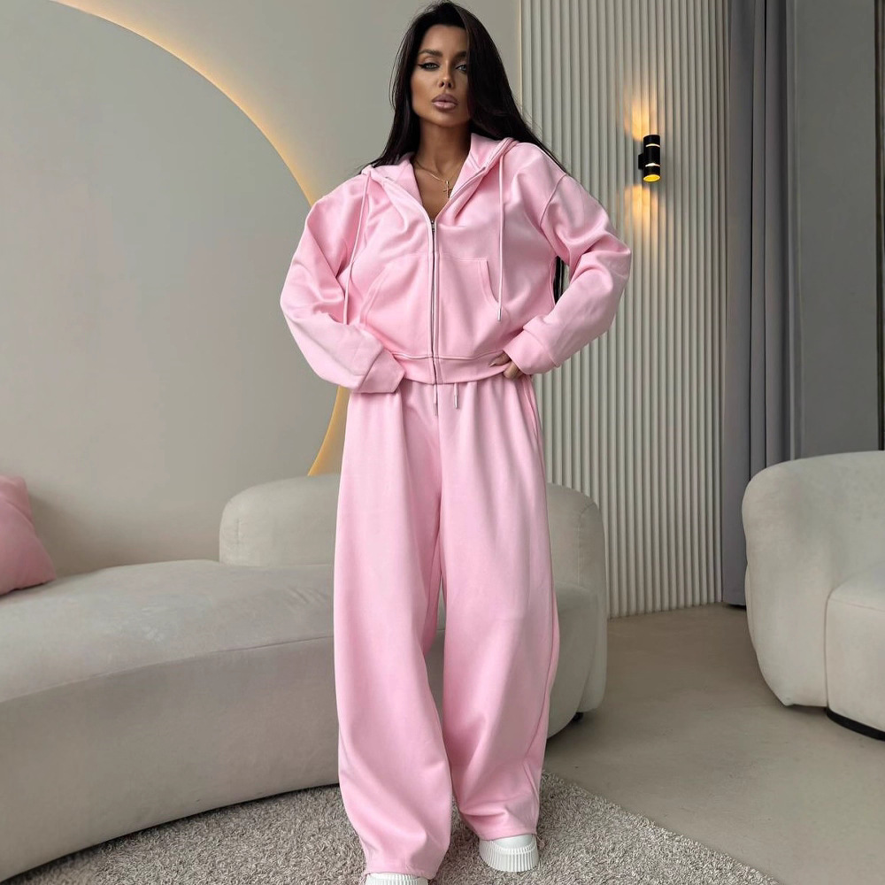 Hoodie Women Oversized - レディース2ピースラウンジウェアセット、ジップアップパーカーとワイドレッグパンツ、オーバーサイズカジュアルスウェットスーツ（普段着）