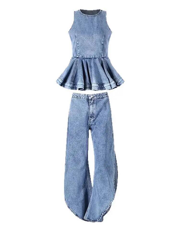 フリルタンクブルートップワイドレッグパンツツーピーススーツ新 - Women'S Fashion Overalls のレビューと価格
