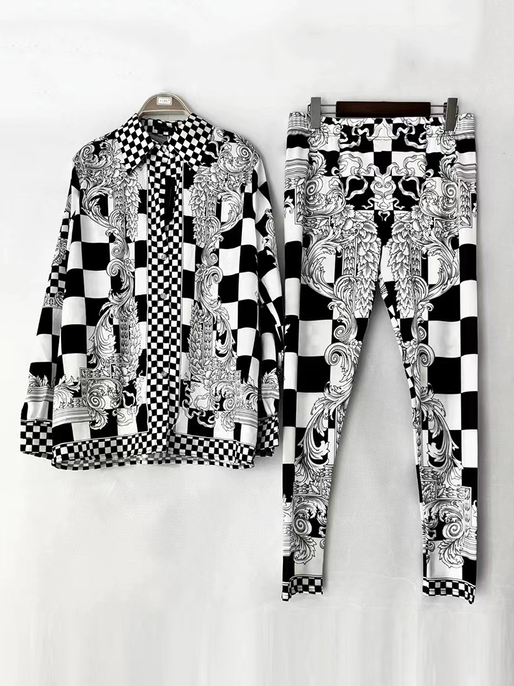 レトロな幾何学模様のプリントが施されたゆったりとしたシャツと - Women'S Fashion Leggings のレビューと価格