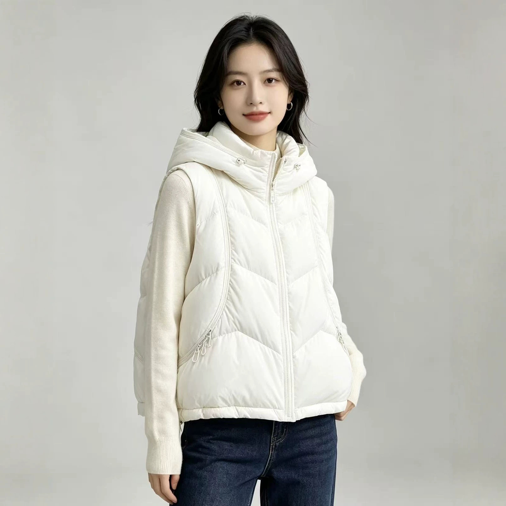 秋冬用レディースダウンコットンベスト、無地ジッパー付きフード - Puffer Vest Fashion Women のレビューと価格