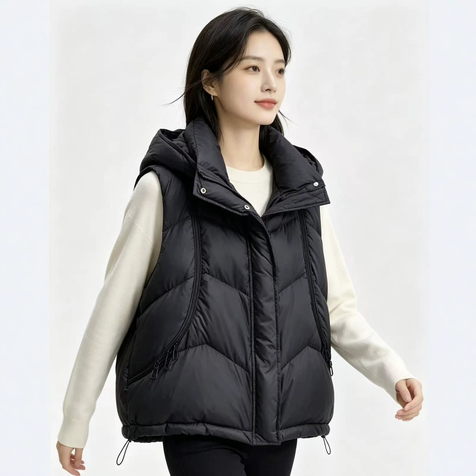 秋冬用レディースダウンコットンベスト、無地ジッパー付きフード - Puffer Vest Fashion Women のレビューと価格