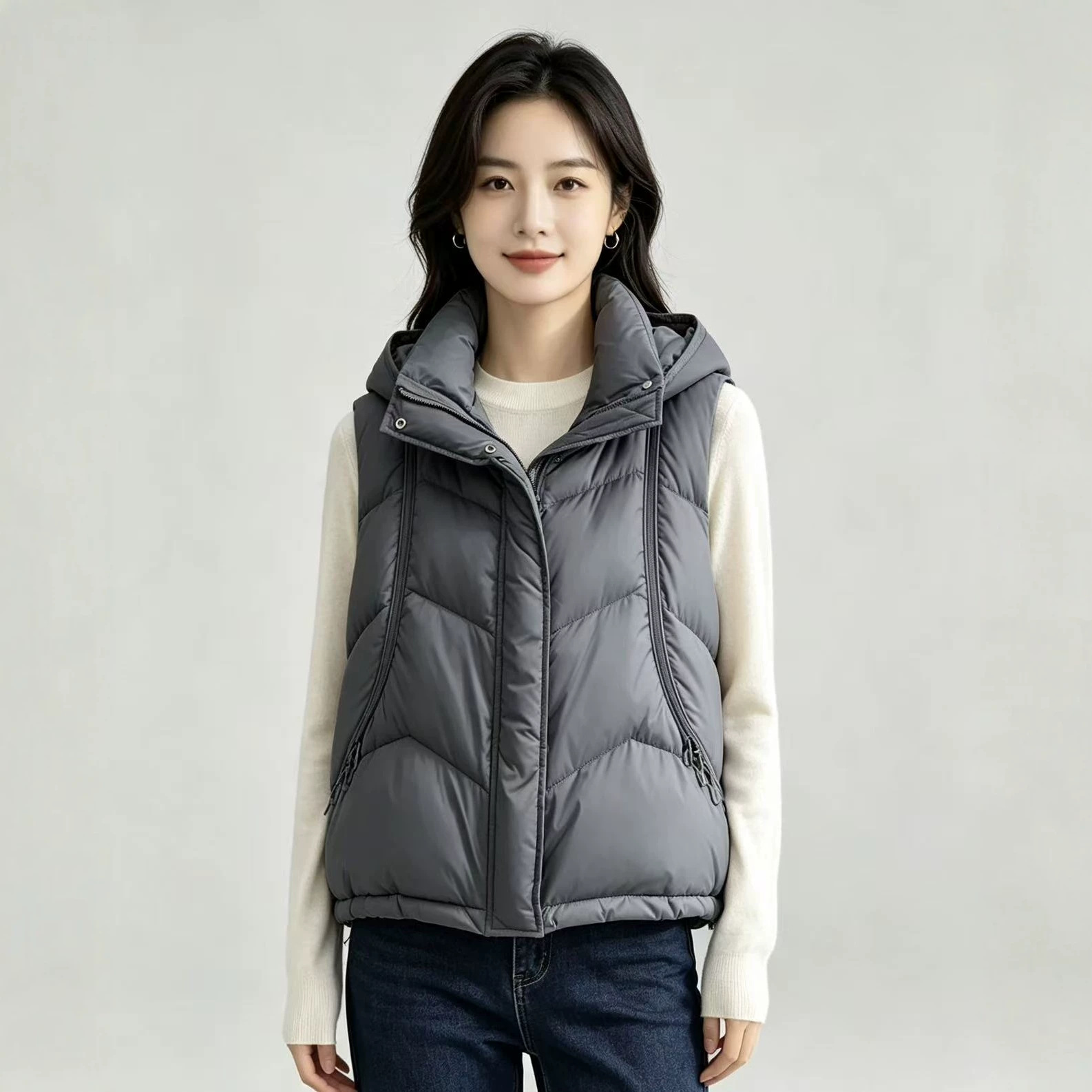 秋冬用レディースダウンコットンベスト、無地ジッパー付きフード - Puffer Vest Fashion Women のレビューと価格