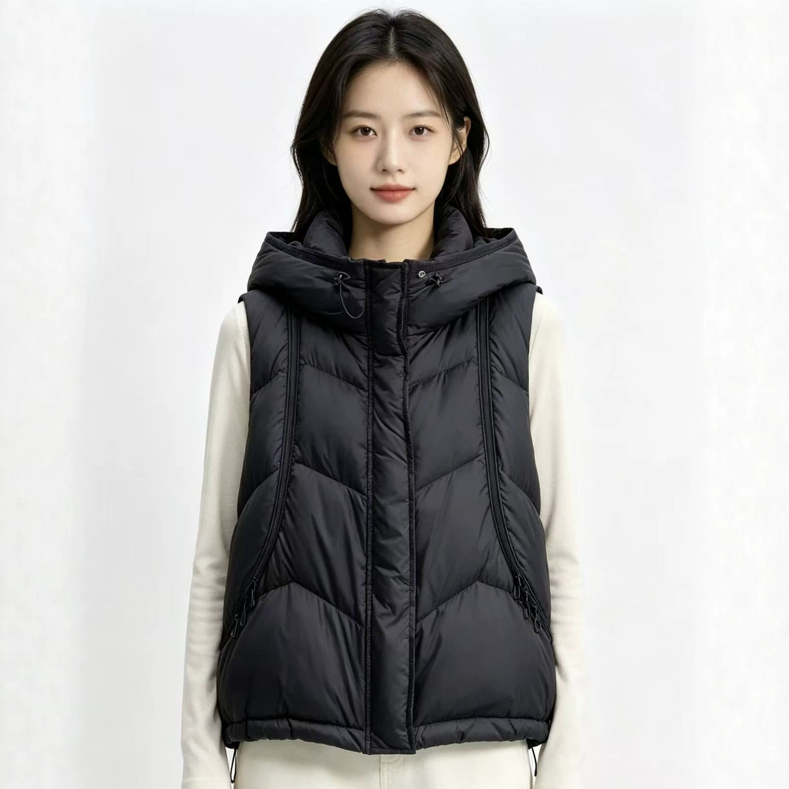 秋冬用レディースダウンコットンベスト、無地ジッパー付きフード - Puffer Vest Fashion Women のレビューと価格