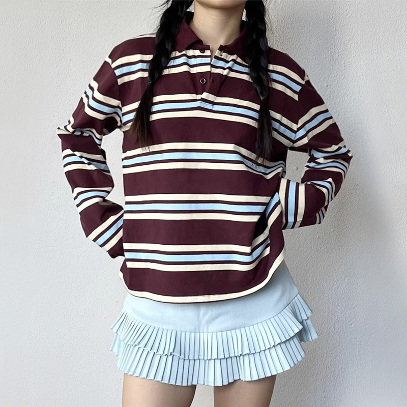 レディース ストライプ リラックス ラグビー ポロシャツ 長 - Women'S Fashion Rugby Shirt のレビューと価格