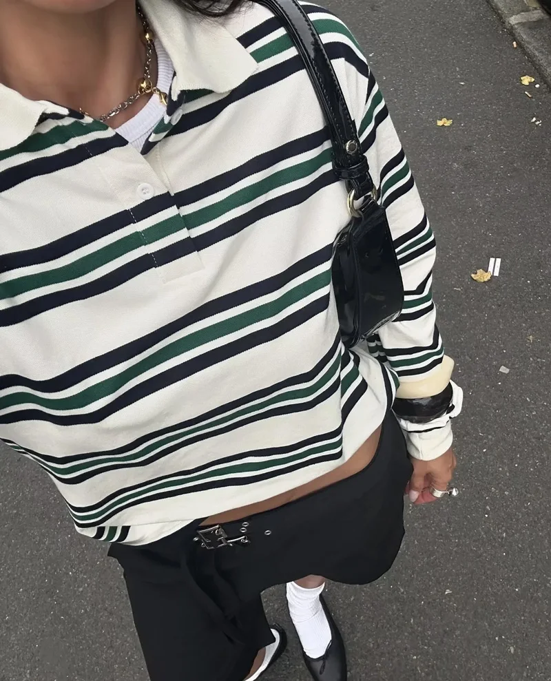 レディース ストライプ リラックス ラグビー ポロシャツ 長 - Women'S Fashion Rugby Shirt のレビューと価格