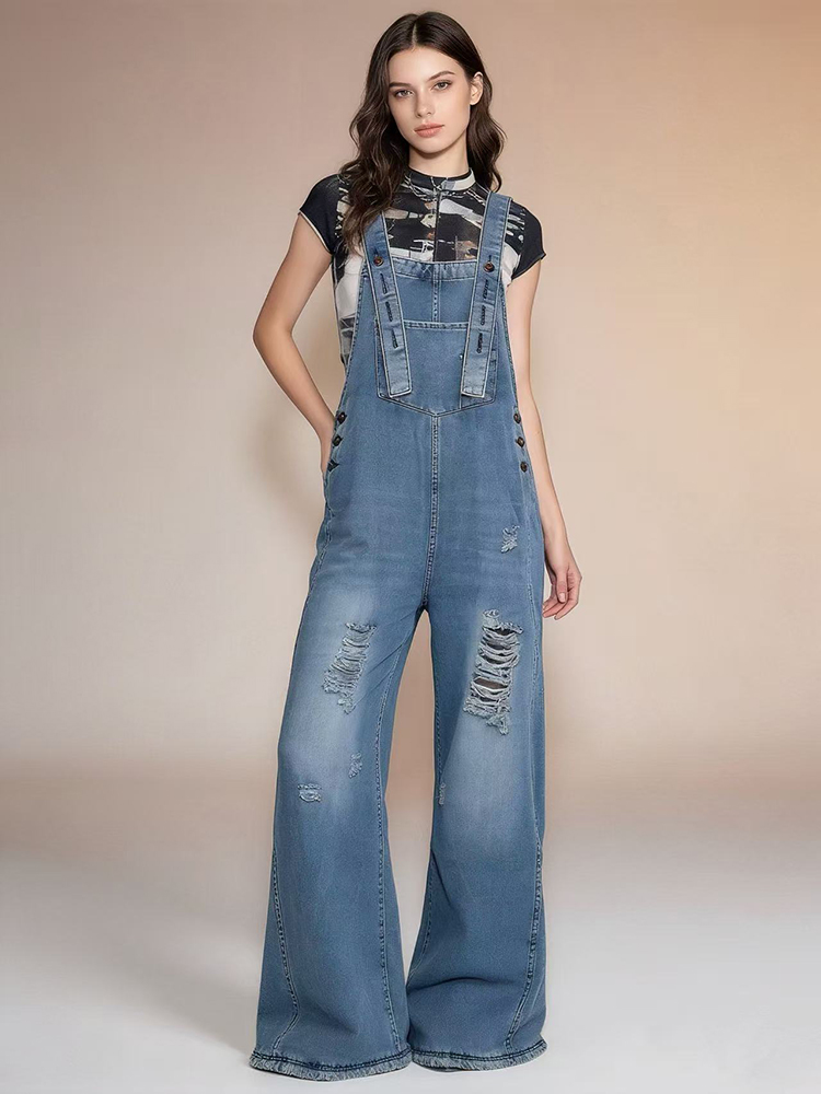 ファッションレトロリッピング加工デニムオーバーオール レディ - Women'S Fashion Overalls のレビューと価格