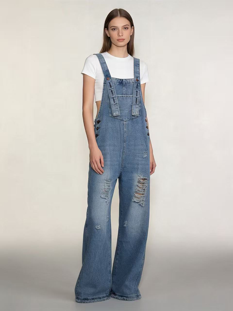 ファッションレトロリッピング加工デニムオーバーオール レディ - Women'S Fashion Overalls のレビューと価格