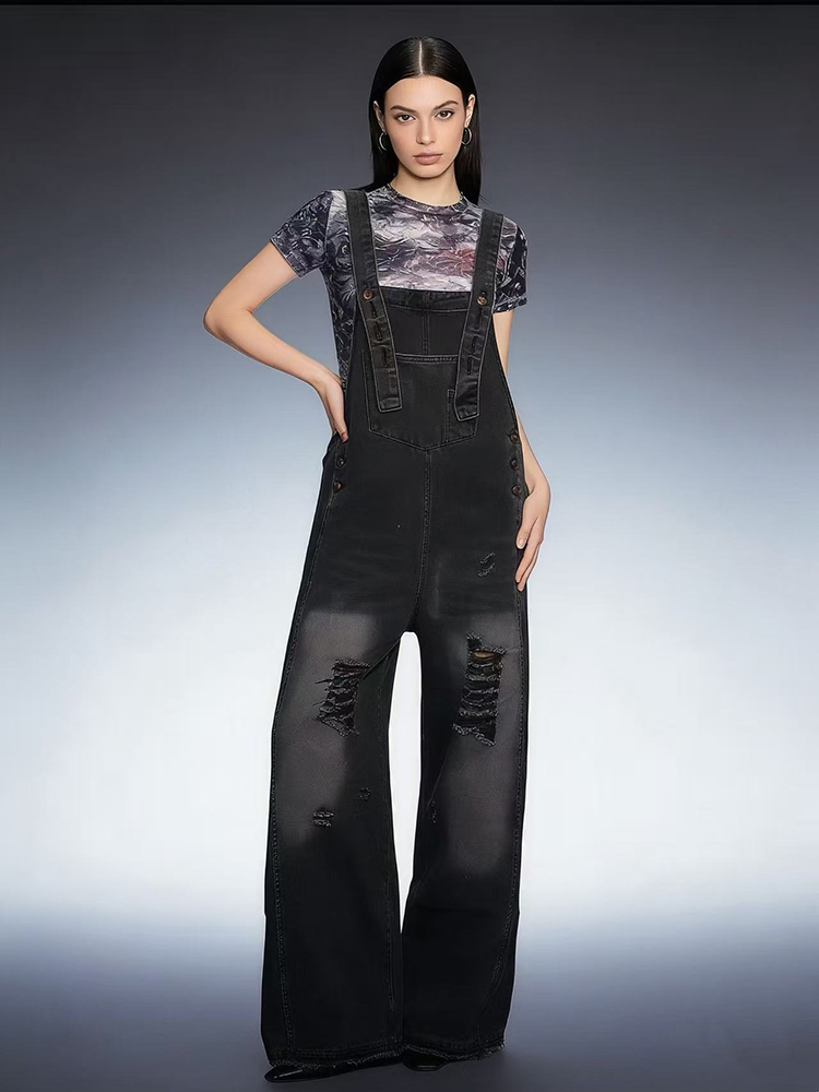 ファッションレトロリッピング加工デニムオーバーオール レディ - Women'S Fashion Overalls のレビューと価格