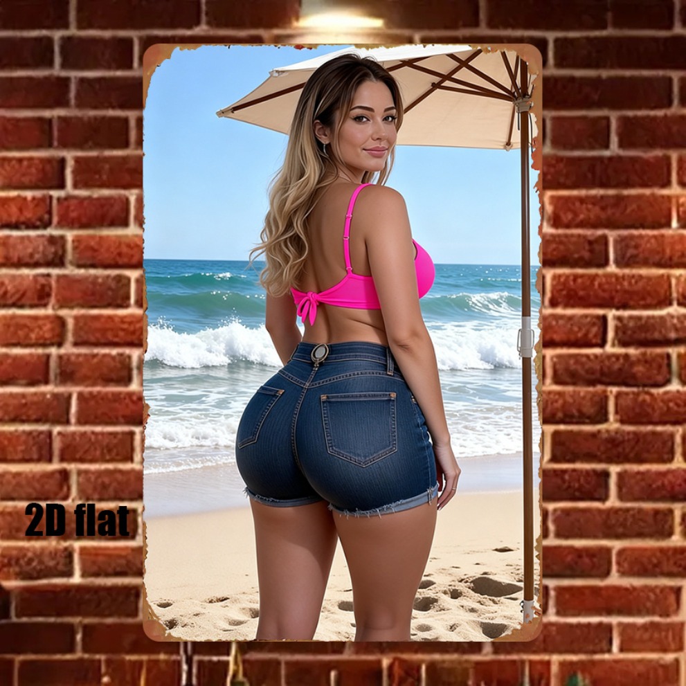 ピンクのビキニトップとデニムショートパンツを着たレトロなビー - Denim Shorts Women のレビューと価格