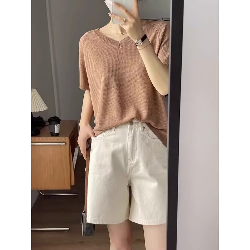 デニムショートパンツ女性用ジーンズホワイトストレートレッグカ - Denim Shorts Women のレビューと価格