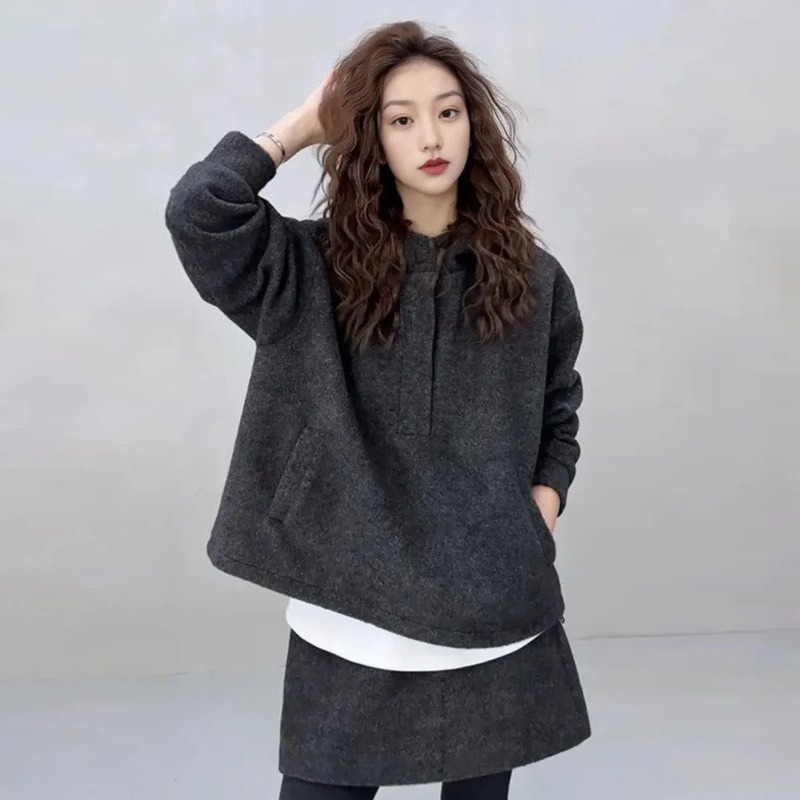 女性韓国スタイル冬ウールブレンドツーピースセット特大パーカー - Hoodie Women Oversized のレビューと価格