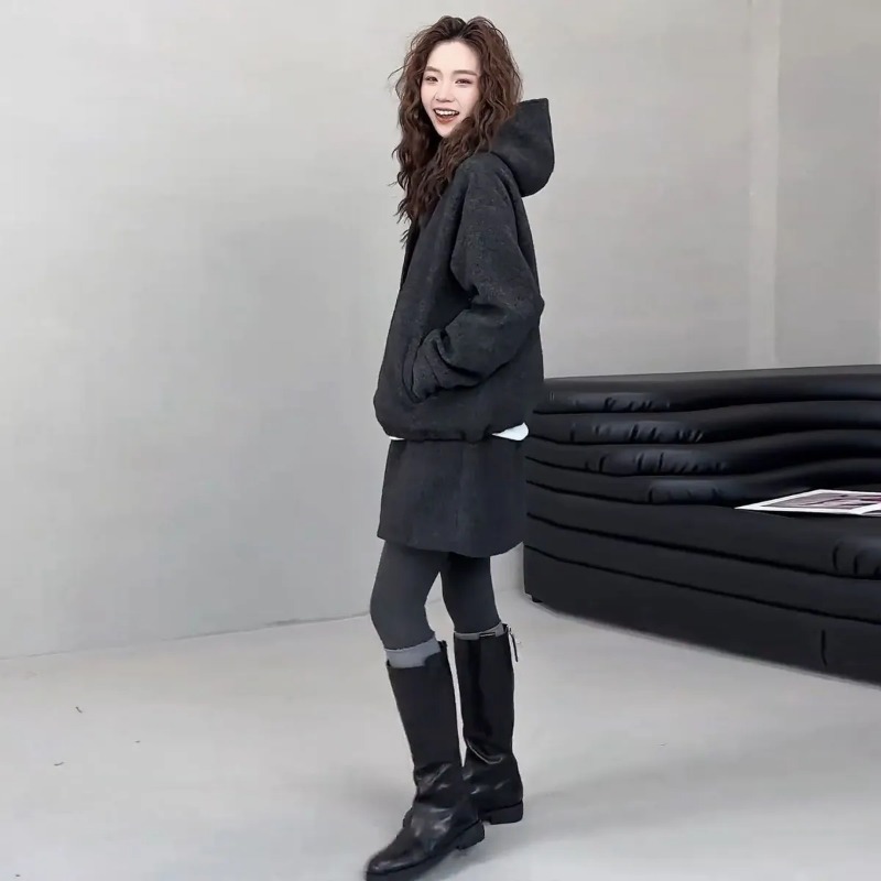 女性韓国スタイル冬ウールブレンドツーピースセット特大パーカー - Hoodie Women Oversized のレビューと価格