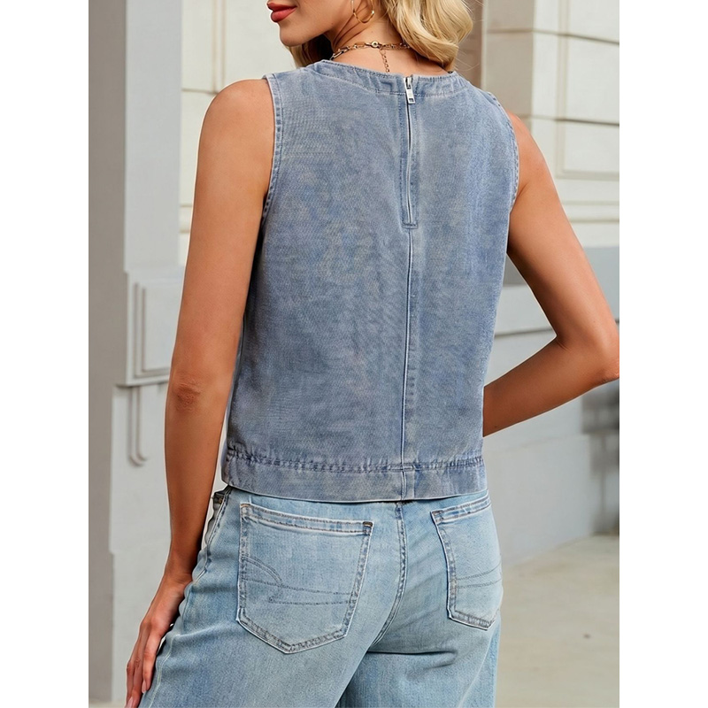 Benuynffy カジュアルラウンドネックデニムベスト女性 - Women'S Fashion Vest Tops のレビューと価格