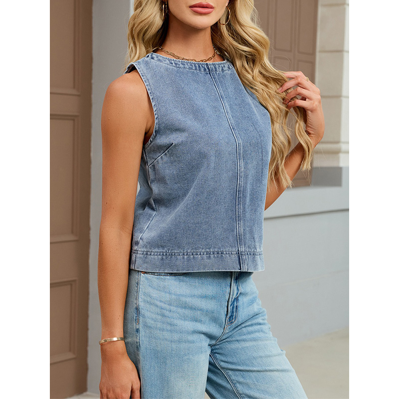 Benuynffy カジュアルラウンドネックデニムベスト女性 - Women'S Fashion Vest Tops のレビューと価格
