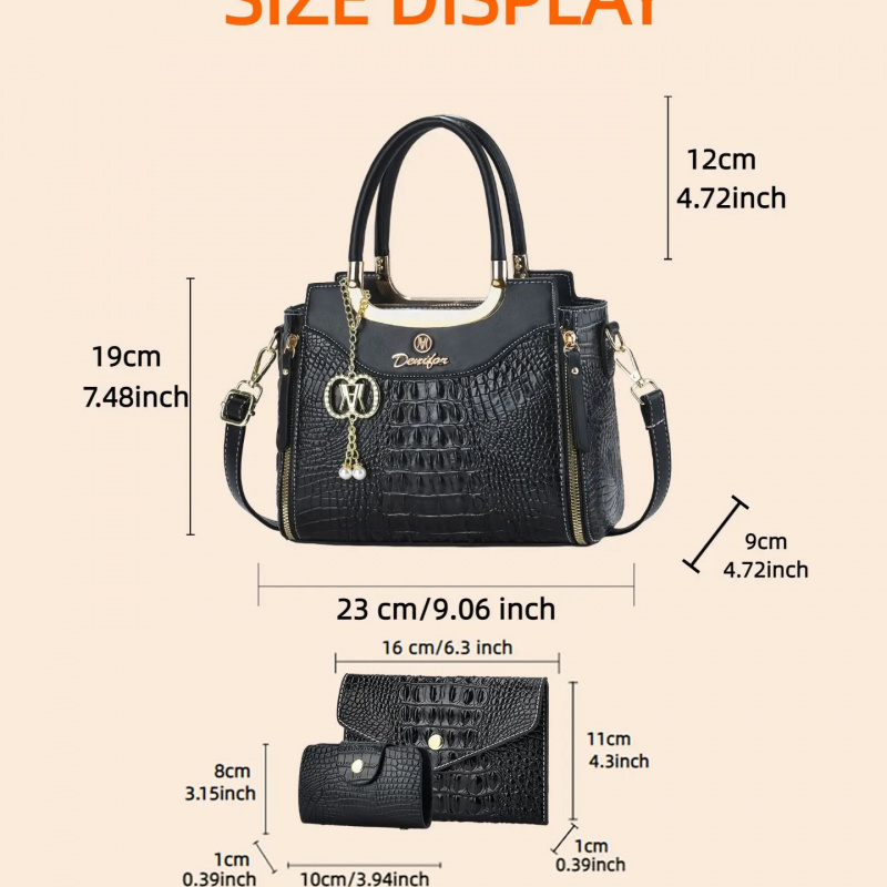 レディース クロコダイル柄ハンドバッグセット、3ピースカラー - Women Fashion Handbags のレビューと価格
